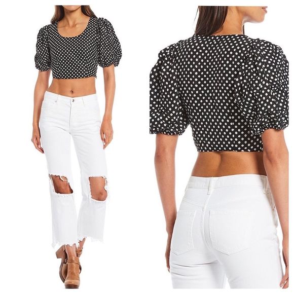 Free People Tops - 🅢🅐🅛🅔 Polka Dot Puff Sleeve Cropped Scoop Neck Blouse Reversible